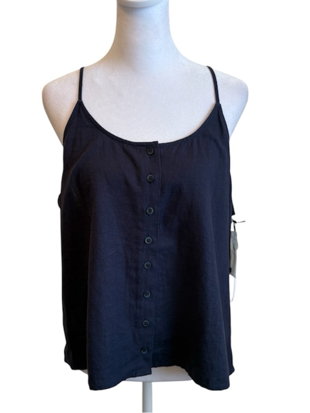 New Large Treasure & Bond Navy Linen Blend Button Front Camisole Tank Top